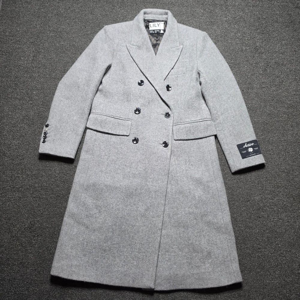 Lily Overcoat Gray Womens 2 Sharp Double Breasted Wool Alpaca Herringbone NEW